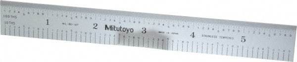 Mitutoyo - 6" Long, 1/100, 1/10" and 0.5, 1mm Graduation, Rigid Stainless Steel Rule - Decimal/Metric Graduation Style, 3/4" Wide, Silver, Satin Chrome Finish - A1 Tooling