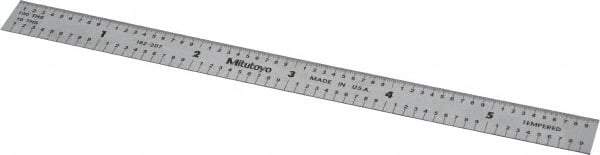 Mitutoyo - 6" Long, 1/100, 1/10" and 0.5, 1mm Graduation, Flexible Stainless Steel Rule - Decimal/Metric Graduation Style, 1/2" Wide, Silver, Satin Chrome Finish - A1 Tooling