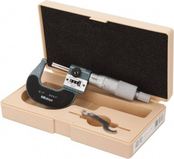 Mitutoyo - 1 Inch Max Measurement, 0.0001 Inch Graduation, Spherical Face Micrometer - Accuracy Up to 0.0002 Inch, Baked Enamel Coated, Steel Measuring Face Material, Mechanical Operation, Ratchet Stop Thimble, Ball - A1 Tooling