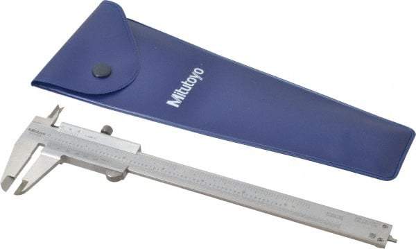 Mitutoyo - 0 to 6" Stainless Steel Vernier Caliper - 1/128" Graduation, 40mm Jaw Depth, 0.0015" Accuracy, Includes Depth Measurement Rod & Inside Diam Jaws - A1 Tooling