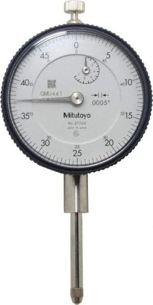 Mitutoyo - 1" Range, 0-50 Dial Reading, 0.0005" Graduation Dial Drop Indicator - 2-3/16" Dial, 0.05" Range per Revolution, 0.002" Accuracy, Revolution Counter - A1 Tooling