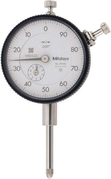 Mitutoyo - 1" Range, 100-0 Dial Reading, 0.001" Graduation Dial Drop Indicator - 2-1/4" Dial, 0.1" Range per Revolution, 0.002" Accuracy, Revolution Counter - A1 Tooling