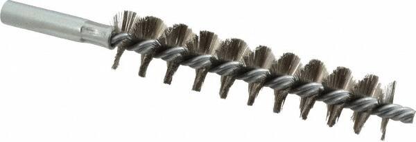 Schaefer Brush - 4" Brush Length, 7/8" Diam, Double Stem, Single Spiral Tube Brush - 6-1/4" Long, Stainless Steel, 12-24 Female Connection - A1 Tooling