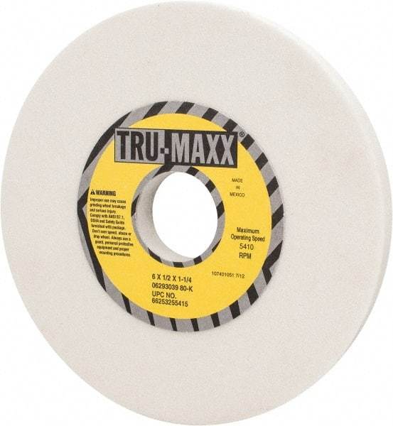 Tru-Maxx - 6" Diam x 1-1/4" Hole x 1/2" Thick, K Hardness, 80 Grit Surface Grinding Wheel - Aluminum Oxide, Type 1, Medium Grade, 5,410 Max RPM, Vitrified Bond, No Recess - A1 Tooling