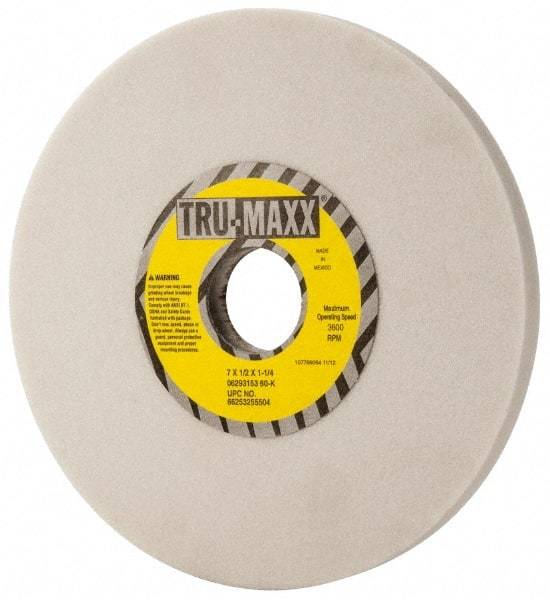 Tru-Maxx - 7" Diam x 1-1/4" Hole x 1/2" Thick, K Hardness, 60 Grit Surface Grinding Wheel - Aluminum Oxide, Type 1, Medium Grade, 3,600 Max RPM, Vitrified Bond, No Recess - A1 Tooling