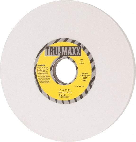 Tru-Maxx - 7" Diam x 1-1/4" Hole x 1/2" Thick, K Hardness, 100 Grit Surface Grinding Wheel - Aluminum Oxide, Type 1, Fine Grade, 3,600 Max RPM, Vitrified Bond, No Recess - A1 Tooling