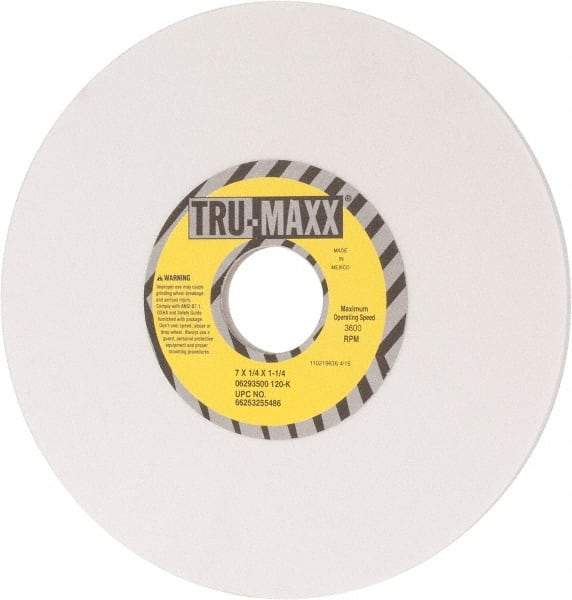 Tru-Maxx - 7" Diam x 1-1/4" Hole x 1/4" Thick, K Hardness, 120 Grit Surface Grinding Wheel - Aluminum Oxide, Type 1, Fine Grade, 3,600 Max RPM, Vitrified Bond, No Recess - A1 Tooling