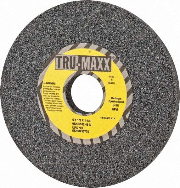 Tru-Maxx - 6" Diam x 1-1/4" Hole x 1/2" Thick, K Hardness, 46 Grit Surface Grinding Wheel - Aluminum Oxide, Type 1, Coarse Grade, 5,410 Max RPM, Vitrified Bond, No Recess - A1 Tooling