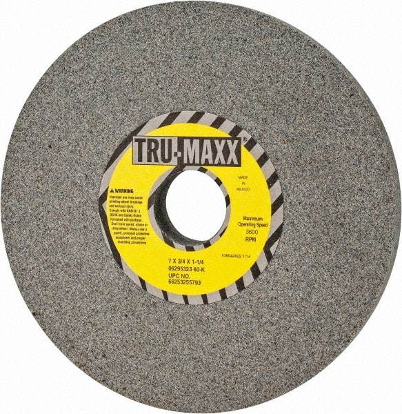 Tru-Maxx - 7" Diam x 1-1/4" Hole x 3/4" Thick, K Hardness, 60 Grit Surface Grinding Wheel - Aluminum Oxide, Type 1, Medium Grade, 3,600 Max RPM, Vitrified Bond, No Recess - A1 Tooling