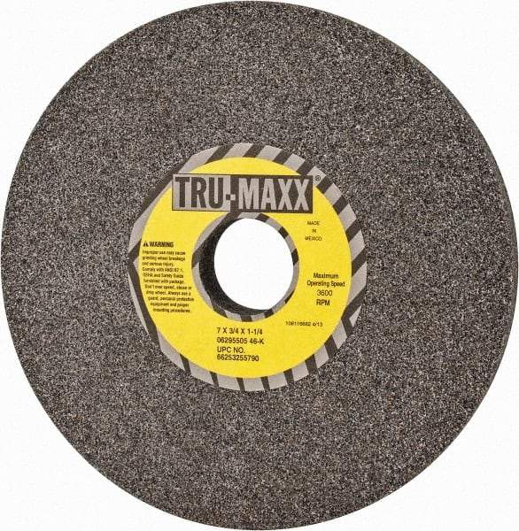 Tru-Maxx - 7" Diam x 1-1/4" Hole x 3/4" Thick, K Hardness, 46 Grit Surface Grinding Wheel - Aluminum Oxide, Type 1, Coarse Grade, 3,600 Max RPM, Vitrified Bond, No Recess - A1 Tooling