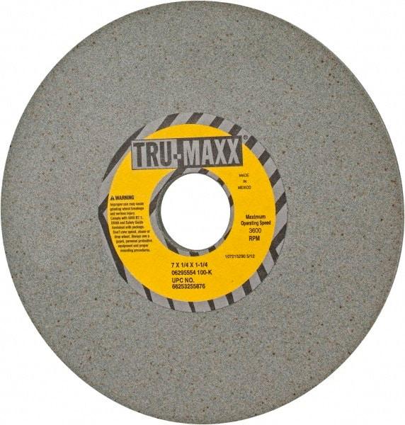 Tru-Maxx - 7" Diam x 1-1/4" Hole x 1/4" Thick, K Hardness, 100 Grit Surface Grinding Wheel - Aluminum Oxide, Type 1, Fine Grade, 3,600 Max RPM, Vitrified Bond, No Recess - A1 Tooling