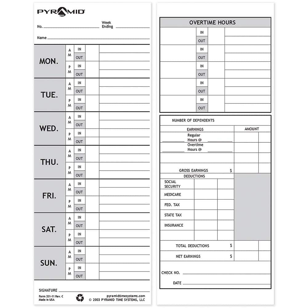 Pyramid - Time Cards & Time Clock Accessories Type: Weekly Time Cards For Use With: PTI - M-1000 Time Recorder - A1 Tooling