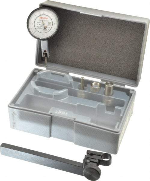 Mitutoyo - 9 Piece, 0" to 0.016" Measuring Range, 40mm Dial Diam, 0-4-0 Dial Reading, White Dial Test Indicator Kit - 0.0005" Accuracy, 0.59" Contact Point Length, 0.039, 0.079 & 0.118" Ball Diam, 0.0001" Dial Graduation - A1 Tooling