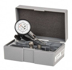 Mitutoyo - 9 Piece, 0" to 0.06" Measuring Range, 40mm Dial Diam, 0-15-0 Dial Reading, White Dial Test Indicator Kit - 0.0005" Accuracy, 1.33" Contact Point Length, 0.039, 0.079 & 0.118" Ball Diam, 0.0005" Dial Graduation - A1 Tooling