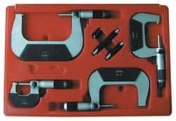 Value Collection - 0 to 75mm Range, 3 Piece Mechanical Outside Micrometer Set - 0.01mm Graduation, 0.000160, 0.000200 Accuracy, Ratchet Stop Thimble, Carbide Tipped, Forged Steel (Frame) Face - A1 Tooling