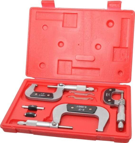 Value Collection - 0 to 3" Range, 3 Piece Mechanical Outside Micrometer Set - 0.0001" Graduation, 0.000160, 0.000200 Accuracy, Ratchet Stop Thimble, Carbide Tipped, Forged Steel (Frame) Face - A1 Tooling