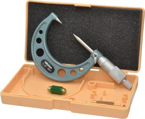 Mitutoyo - 1 to 2 Inch, 49mm Throat Depth, Ratchet Stop, Mechanical Point Micrometer - Accurate Up to 0.00015 Inch, 0.001 Inch Graduation, 0.5039 Inch Point Length, 30° Point Angle, 18mm Head Diameter, 6.35mm Spindle Diameter - A1 Tooling