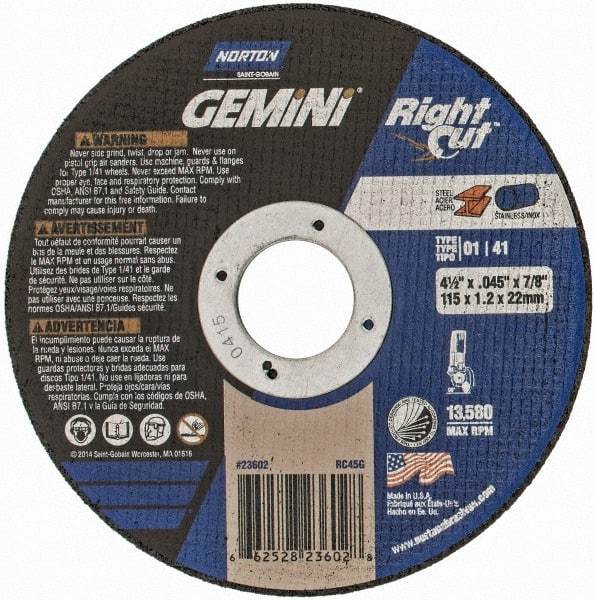 Norton - 4-1/2" Aluminum Oxide Cutoff Wheel - 0.045" Thick, 7/8" Arbor, 13,580 Max RPM, Use with Angle Grinders - A1 Tooling