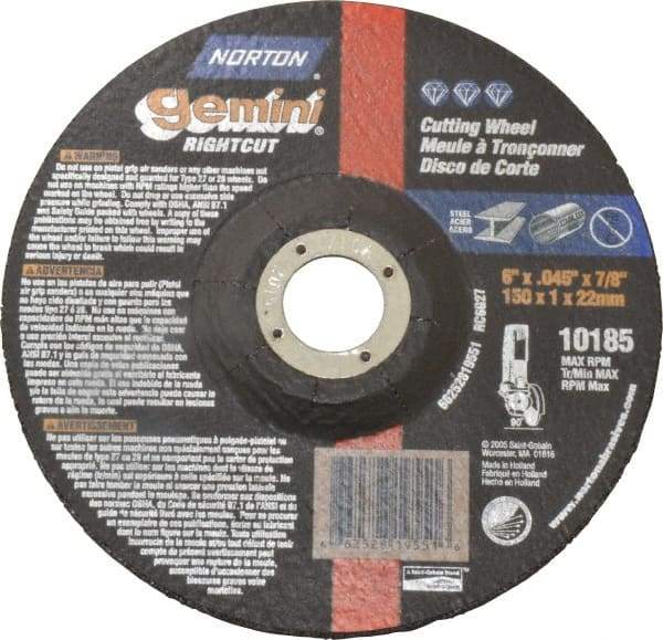 Norton - 6" Wheel Diam, 7/8" Arbor Hole, Type 27 Depressed Center Wheel - Aluminum Oxide, 10,185 Max RPM, Compatible with Angle Grinder - A1 Tooling