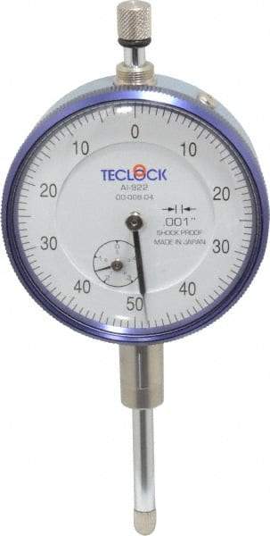 Teclock - 1" Range, 0-50-0 Dial Reading, 0.001" Graduation Dial Drop Indicator - 2-11/64" Dial, 0.1" Range per Revolution, 0.0014" Accuracy, Revolution Counter - A1 Tooling