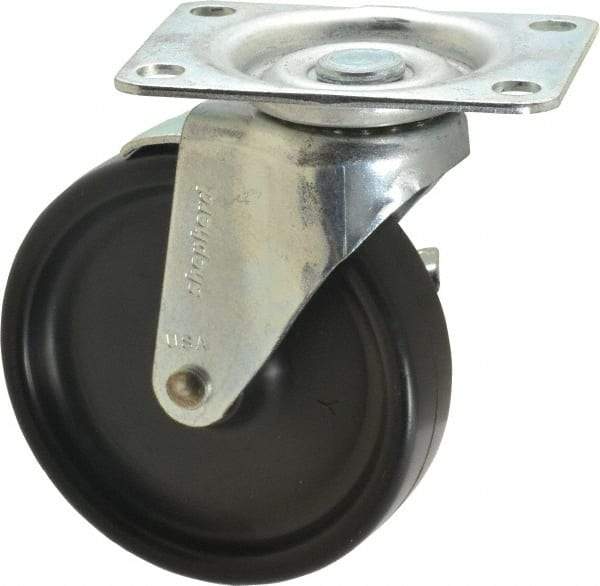 Shepherd - 4" Diam x 15/16" Wide x 4-3/4" OAH Top Plate Mount Swivel Caster with Brake - Polyolefin, 150 Lb Capacity, Plain Bearing, 2-5/8 x 3-3/4" Plate - A1 Tooling