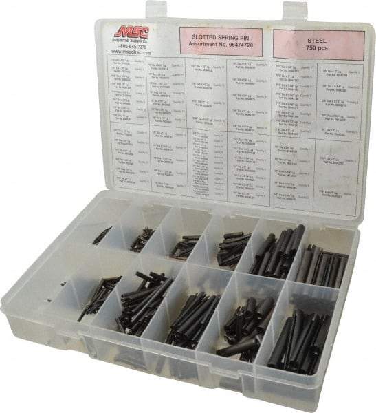 Made in USA - 750 Piece, 1/16 to 7/16" Pin Diam, Spring Pin Assortment - Steel - A1 Tooling