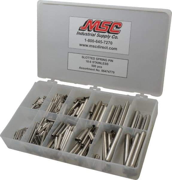 Made in USA - 500 Piece, 1/16 to 7/16" Pin Diam, Spring Pin Assortment - 18-8 Stainless Steel - A1 Tooling