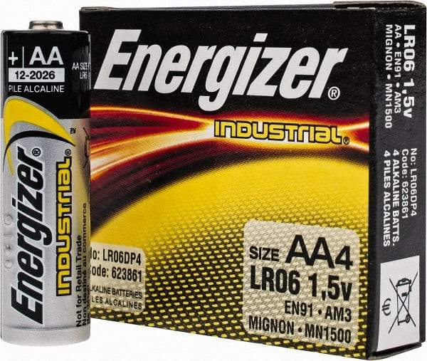 Energizer - Size AA, Alkaline, 4 Pack, Standard Battery - 1.5 Volts, Button Tab Terminal, LR6, ANSI, IEC Regulated - A1 Tooling