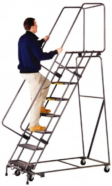 Ballymore - 103" 7 Step Ladder - Lock Step Rolling Safety Ladder, 450 Lb Capacity, 70" Platform Height, 24" Base Width x 55" Depth, Expanded Metal Tread - A1 Tooling