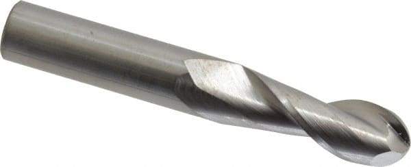 SGS - 3/8" Diam, 1" LOC, 2 Flute Solid Carbide Ball End Mill - Uncoated, Single End, 2-1/2" OAL, 3/8" Shank Diam, Spiral Flute - A1 Tooling