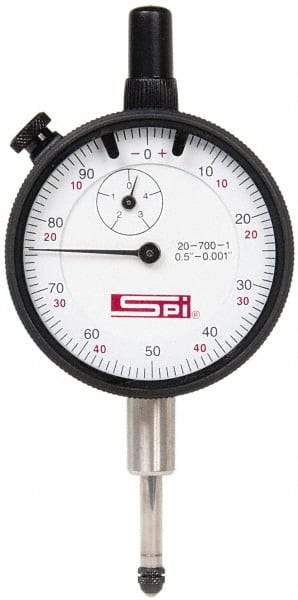 SPI - 1/2" Range, 0-100, 0-50-0 Dial Reading, 0.001" Graduation Dial Drop Indicator - 2-1/4" Dial, 0.1" Range per Revolution, Revolution Counter, Includes NPL Traceability Certification - A1 Tooling