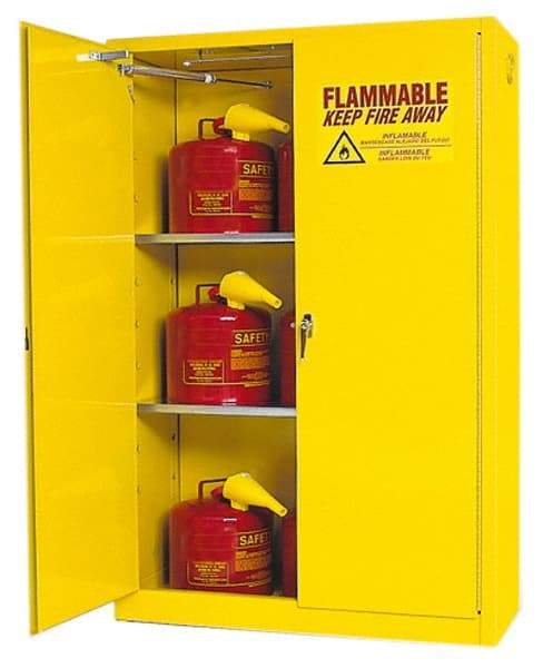 Eagle - 2 Door, 2 Shelf, Yellow Steel Standard Safety Cabinet for Flammable and Combustible Liquids - 65" High x 43" Wide x 18" Deep, Self Closing Door, 3 Point Key Lock, 45 Gal Capacity - A1 Tooling