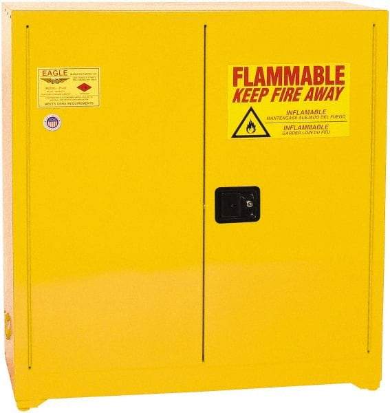 Eagle - 2 Door, 3 Shelf, Yellow Steel Standard Safety Cabinet for Flammable and Combustible Liquids - 44" High x 43" Wide x 18" Deep, Manual Closing Door, 3 Point Key Lock, 40 Gal Capacity - A1 Tooling