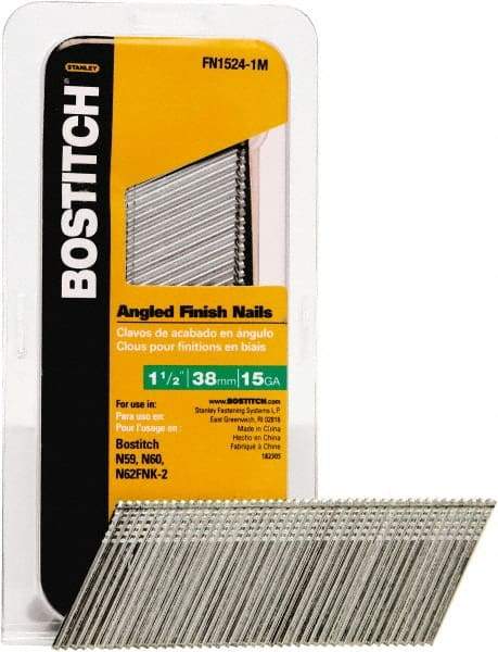 Stanley Bostitch - 15 Gauge 0.07" Shank Diam 1-1/2" Long Finishing Nails for Power Nailers - Steel, Bright Finish, Smooth Shank, Angled Stick Adhesive Collation, Round Head, Chisel Point - A1 Tooling