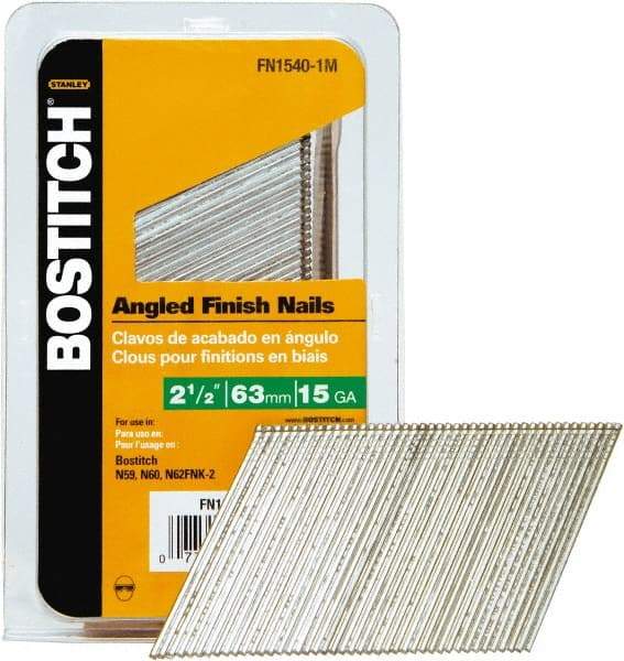 Stanley Bostitch - 15 Gauge 0.07" Shank Diam 2-1/2" Long Finishing Nails for Power Nailers - Steel, Bright Finish, Smooth Shank, Angled Stick Adhesive Collation, Round Head, Chisel Point - A1 Tooling