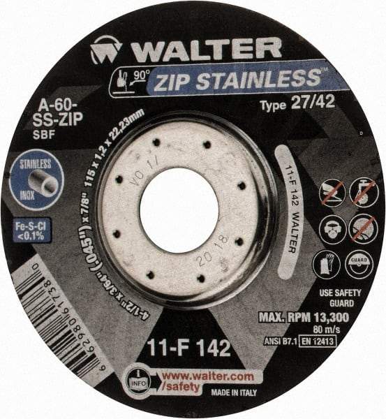 WALTER Surface Technologies - 60 Grit, 4-1/2" Wheel Diam, 3/64" Wheel Thickness, 7/8" Arbor Hole, Type 27 Depressed Center Wheel - Aluminum Oxide, Resinoid Bond, 13,300 Max RPM - A1 Tooling