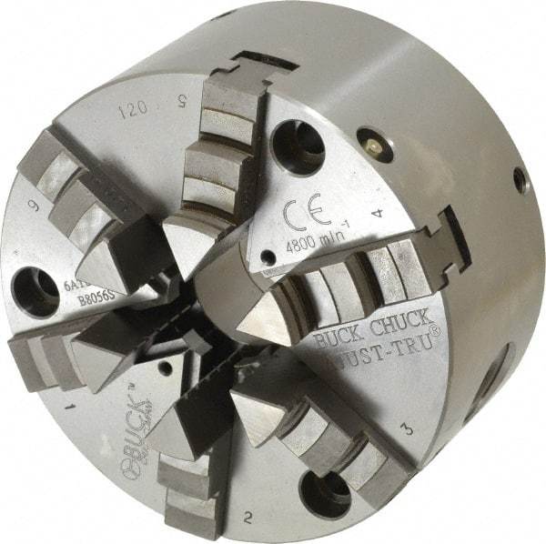 Buck Chuck Company - 6 Jaws, 5" Diam, Self Centering Manual Lathe Chuck - Front Mount, Adjustable, 4,125 Max RPM, 1.28" Through Hole Diam, Forged Steel - A1 Tooling