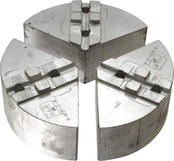 H & R Manufacturing - 6" Chuck Capacity, Tongue & Groove Attachment, Round Soft Lathe Chuck Jaw - 3 Jaws, Aluminum, 1-1/2" Btw Mount Hole Ctrs, 3" Long x 6" Wide x 2" High, 5/16" Groove - A1 Tooling