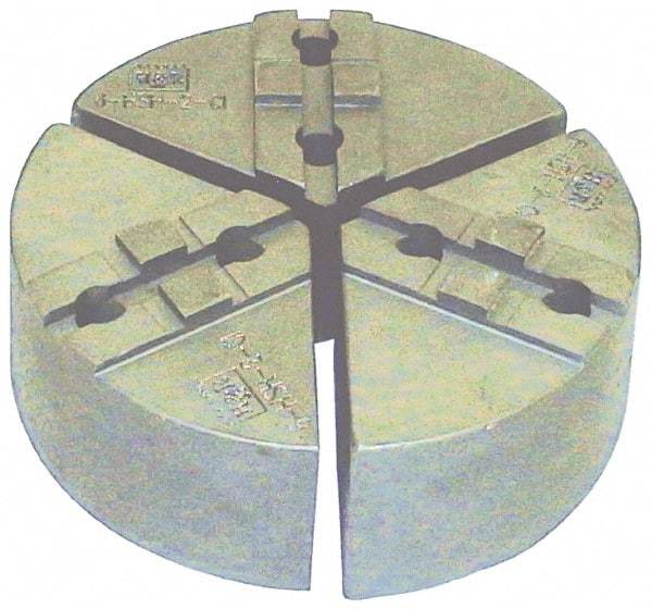 H & R Manufacturing - 8" Chuck Capacity, Tongue & Groove Attachment, Round Soft Lathe Chuck Jaw - 3 Jaws, Cast Iron, 1-3/4" Btw Mount Hole Ctrs, 4" Long x 8" Wide x 4" High, 5/16" Groove - A1 Tooling