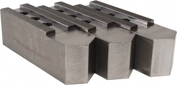 H & R Manufacturing - 16 to 20" Chuck Capacity, 3/32 x 90° Serrated Attachment, Square Soft Lathe Chuck Jaw - 3 Jaws, Steel, 1-9/16" Btw Mount Hole Ctrs, 9" Long x 2-1/2" Wide x 3" High, 1" Groove - A1 Tooling