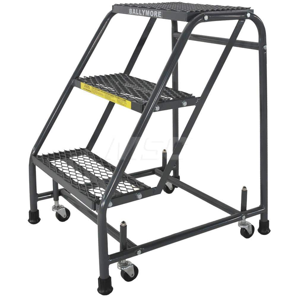 Steel Step Rolling Ladder: 28.5″ Platform, 450 lb Capacity, 3 Step, 20″ Base Expanded Tread, 18″ Platform Width, Assembled