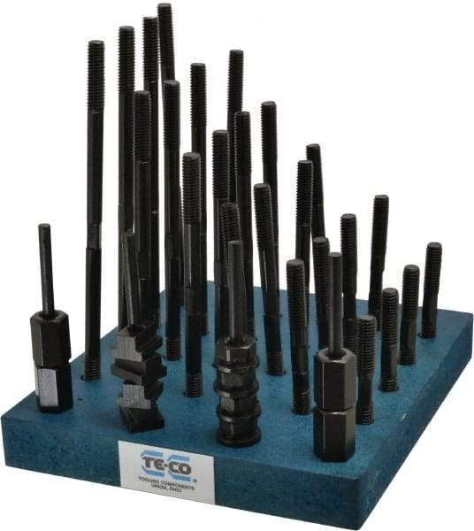 TE-CO - 38 Piece, 3/8-16 Stud, 7/16" T Slot, T Nut & Stud Kit - 11/16" T-Slot Nut Width, 3, 4, 5, 6, 7, 8" Stud Lengths - A1 Tooling