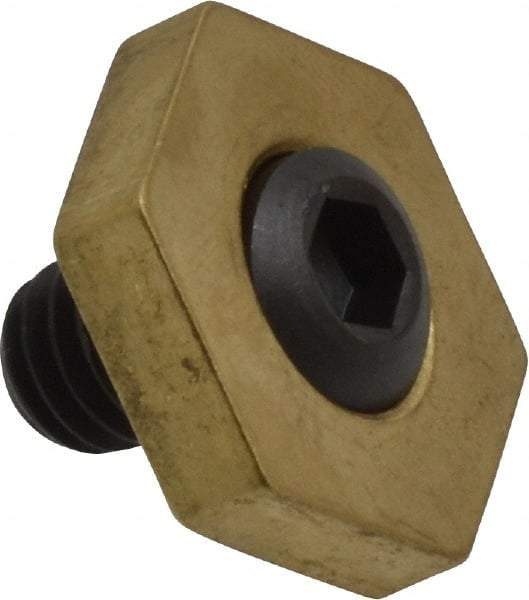 Mitee-Bite - 13/16" Brass Hex, 5/16-18 Stud Thread, Symmetrical Hex Clamp - 3/16" Hex Height, 800 Lb Holding Force, Hardened Steel Stud, 15/32" Long Thread, 8.3 Ft/Lb Torque, 12 Clamps - A1 Tooling