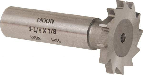 Made in USA - 1-1/8" Diam x 1/8" Face Width, High Speed Steel, 16 Teeth, Shank Connection Woodruff Keyseat Cutter - Uncoated, 2-3/16" OAL x 1/2" Shank, Straight Teeth - A1 Tooling