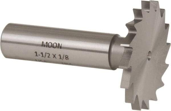 Made in USA - 1-1/2" Diam x 1/8" Face Width, High Speed Steel, 16 Teeth, Shank Connection Woodruff Keyseat Cutter - Uncoated, 2-1/8" OAL x 1/2" Shank, Straight Teeth - A1 Tooling