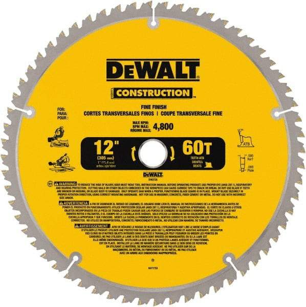 DeWALT - 12" Diam, 1" Arbor Hole Diam, 60 Tooth Wet & Dry Cut Saw Blade - Carbide-Tipped, Fine Finishing Action, Standard Round Arbor - A1 Tooling