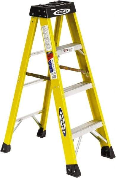 Werner - 3 Steps, 4' High, Type IA Rating, Fiberglass Step Ladder - 300 Lb Load Capacity, 19" Base Width - A1 Tooling