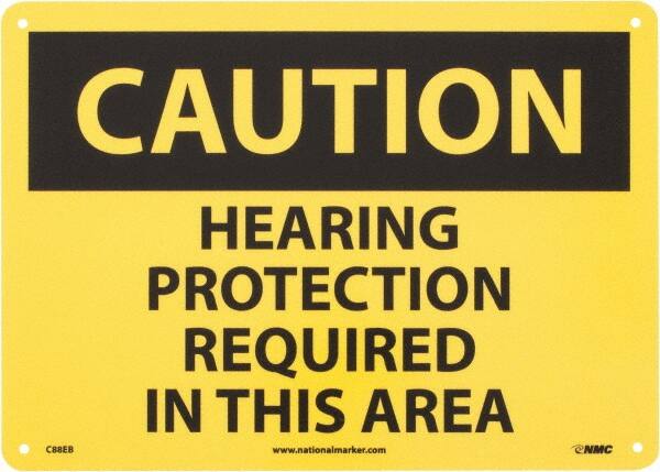 NMC - "Caution - Hearing Protection Required in This Area", 10" Long x 14" Wide, Fiberglass Safety Sign - Rectangle, 0.095" Thick, Use for Accident Prevention - A1 Tooling