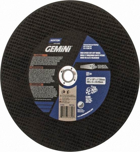 Norton - 12" 24 Grit Aluminum Oxide/Silicon Carbide Blend Cutoff Wheel - 1/8" Thick, 1" Arbor, 6,360 Max RPM, Use with Electric & Gas Powered Saws - A1 Tooling