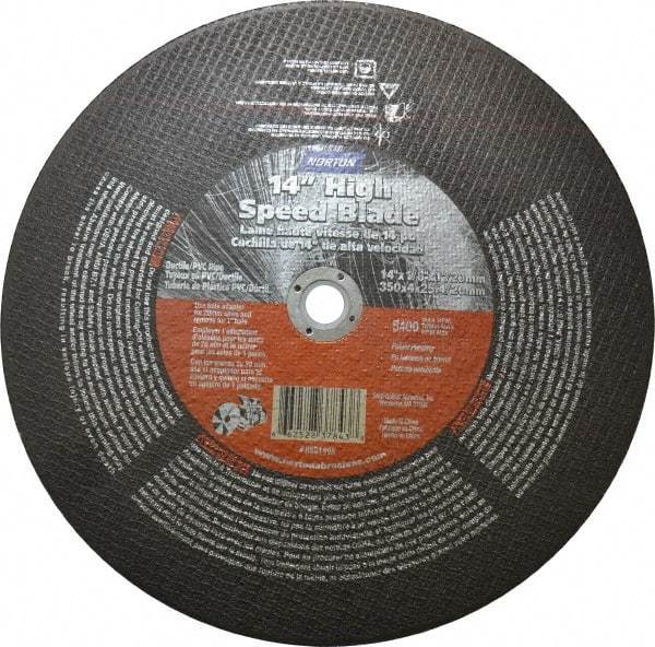 Norton - 14" 24 Grit Aluminum Oxide/Silicon Carbide Blend Cutoff Wheel - 1/8" Thick, 1" Arbor, 5,400 Max RPM, Use with Electric & Gas Powered Saws - A1 Tooling